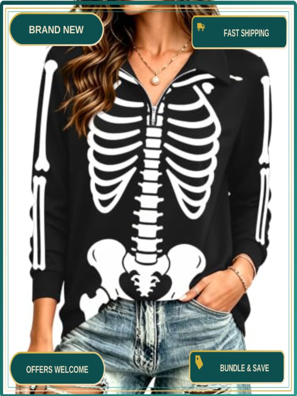Women's Halloween Half Zip Long Sleeve Graphic Top Fall Shirt